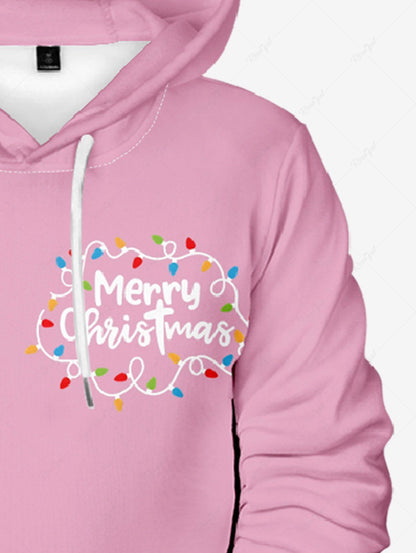 Plus Size Christmas Elk Bowknot Light Letters Printed Pocket Drawstring Pullover Long Sleeves Hoodie