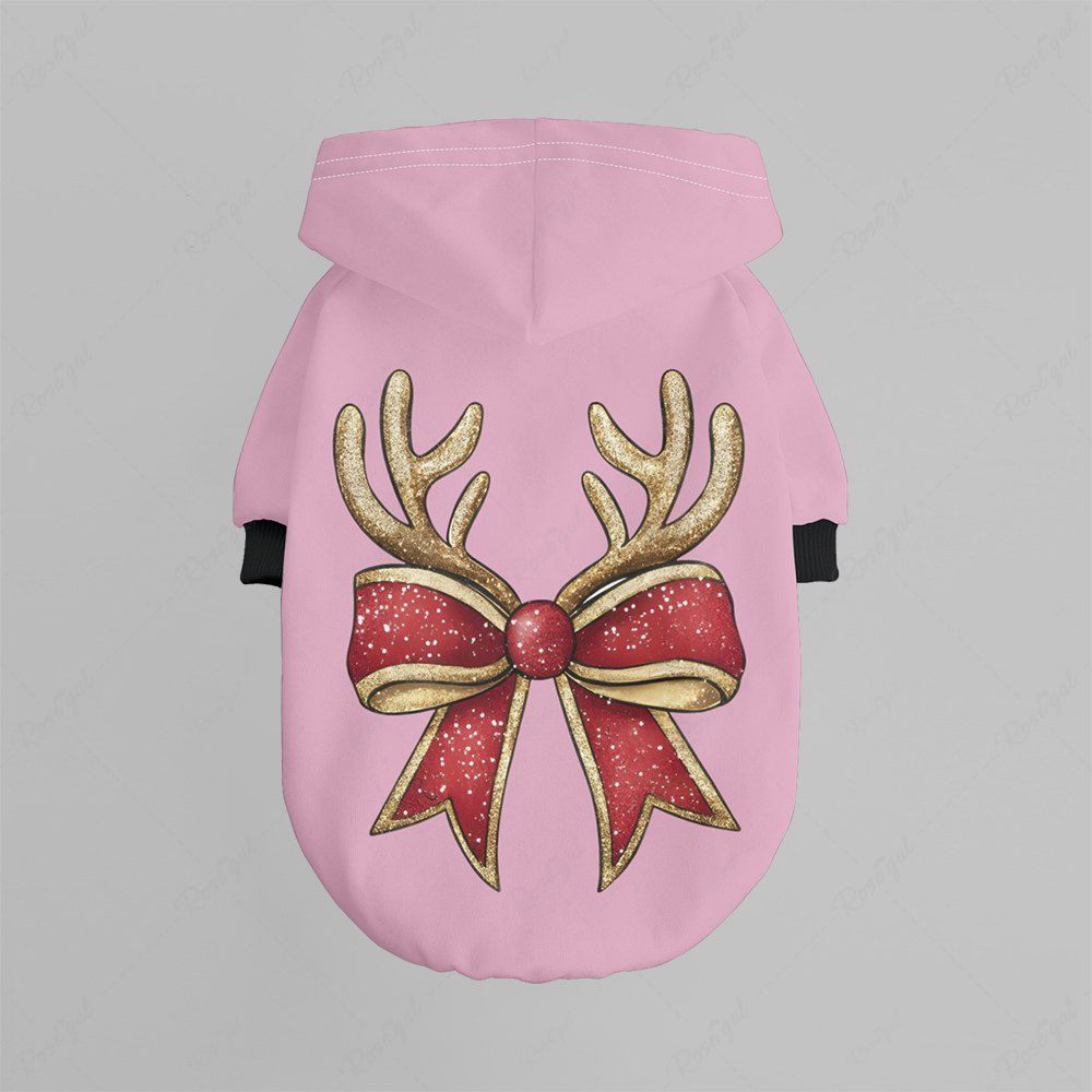 Pet's Christmas Elk Bowknot Printed Contrast Piping Button Hoodie