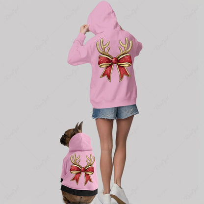 Christmas Elk Bowknot Light Letters Print Hoodie Dog And Owner Matching Outfits