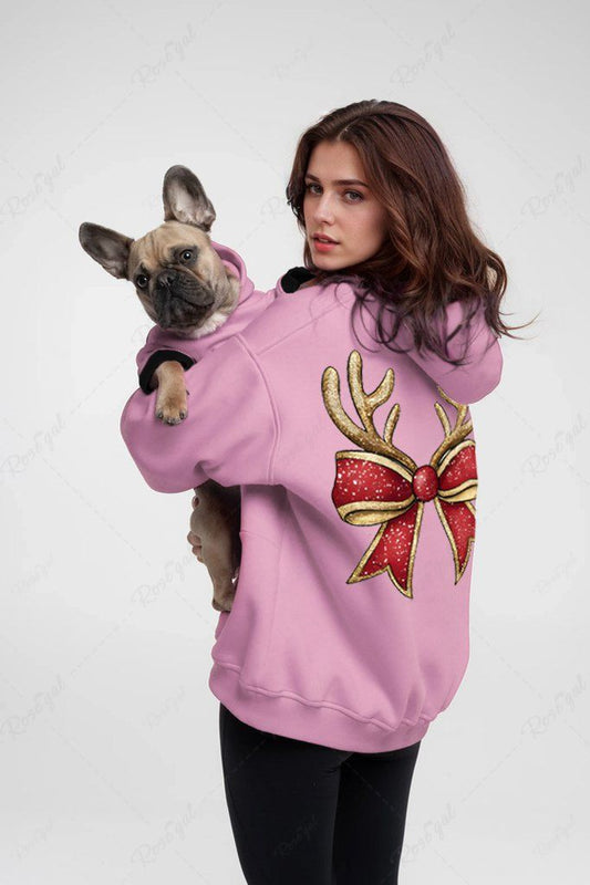 Christmas Elk Bowknot Light Letters Print Hoodie Dog And Owner Matching Outfits