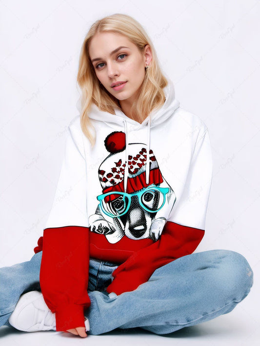 Plus Size Christmas Dog Heart Hat Printed Pocket Drawstring Pullover Long Sleeves Hoodie