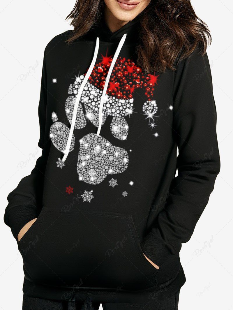 Plus Size Glitter Sparkling Rhinestone Christmas Hat Snowflake Paw Printed Pullover Long Sleeves Hoodie