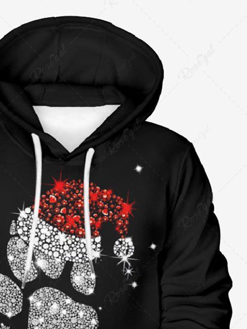 Plus Size Glitter Sparkling Rhinestone Christmas Hat Snowflake Paw Printed Pullover Long Sleeves Hoodie