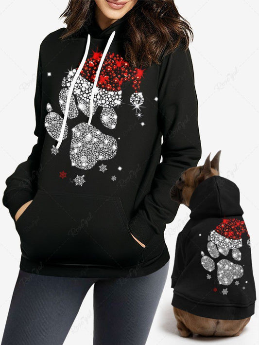 Glitter Sparkling Rhinestone Christmas Hat Snowflake Paw Print Hoodie Dog And Owner Matching Outfits