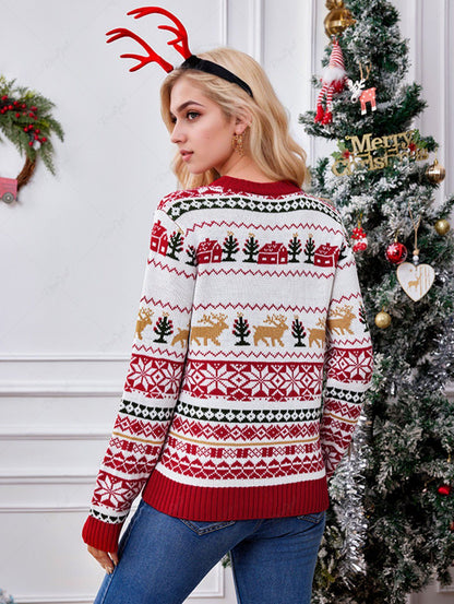 Christmas Tree Elk Snowflake House Geometric Striped Graphic Pullover Long Sleeves Knit Sweater