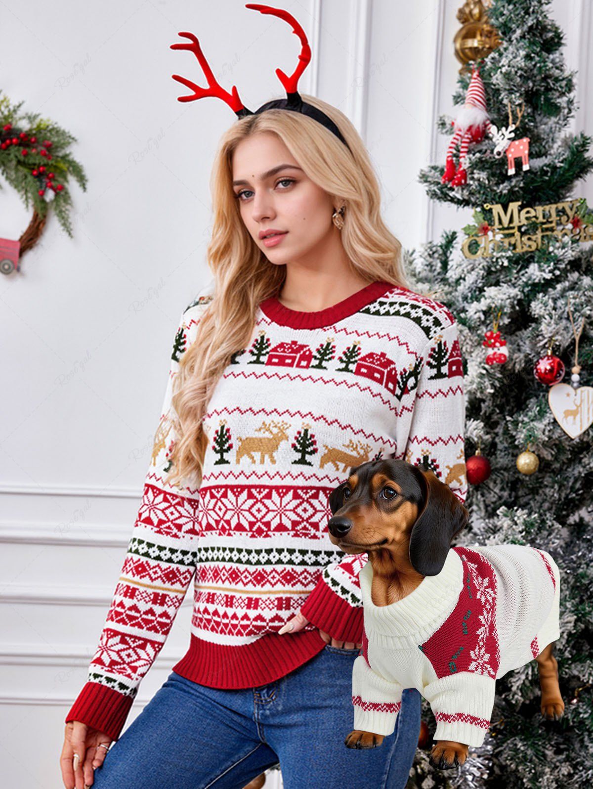 Christmas Tree Elk Snowflake House Geometric Striped Graphic Sweater Dog And Owner Matching Outfits