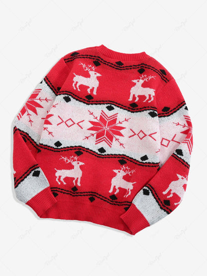 Christmas Elk Snowflake Striped Geometric Jacquard Graphic Pullover Long Sleeves Knit Sweater