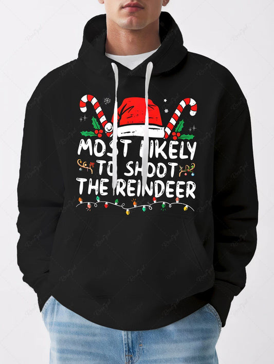 Plus Size Christmas Hat Light Candy Holy Fruit Letters Printed Pocket Drawstring Hoodie For Men