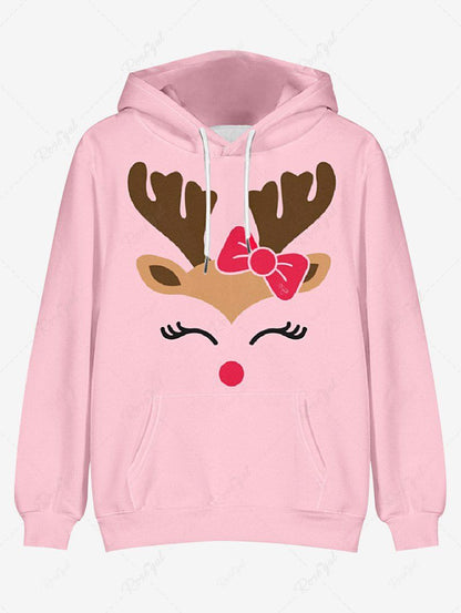 Plus Size Christmas Elk Bowknot Printed Pocket Drawstring Pullover Long Sleeves Hoodie