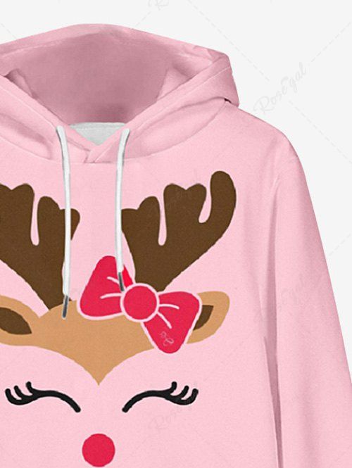 Plus Size Christmas Elk Bowknot Printed Pocket Drawstring Pullover Long Sleeves Hoodie