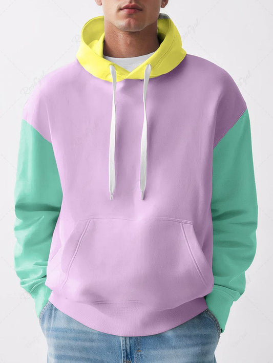 Plus Size Colorblock Patchwork Pocket Dawstring Hoodie For Men