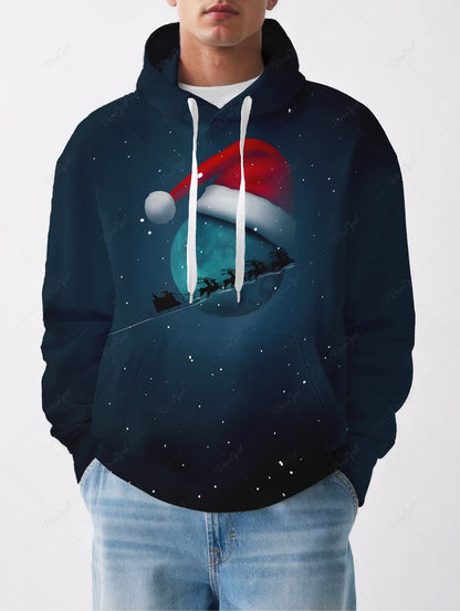 Plus Size Christmas Hat Galaxy Moon Elk Sled Printed Pocket Drawstring Hoodie For Men