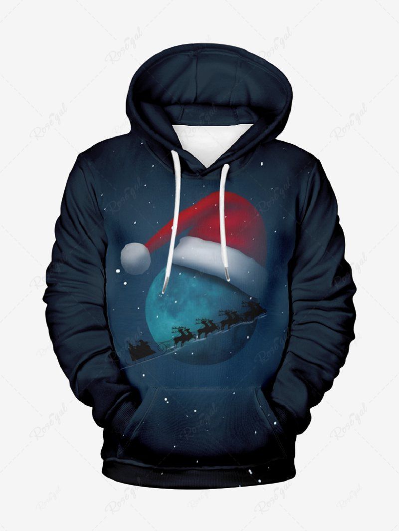 Plus Size Christmas Hat Galaxy Moon Elk Sled Printed Pocket Drawstring Hoodie For Men