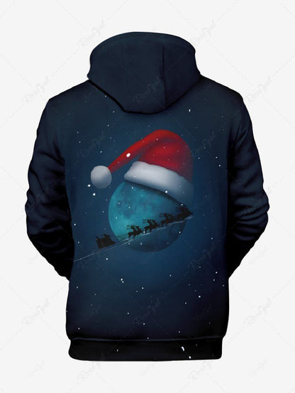 Plus Size Christmas Hat Galaxy Moon Elk Sled Printed Pocket Drawstring Hoodie For Men