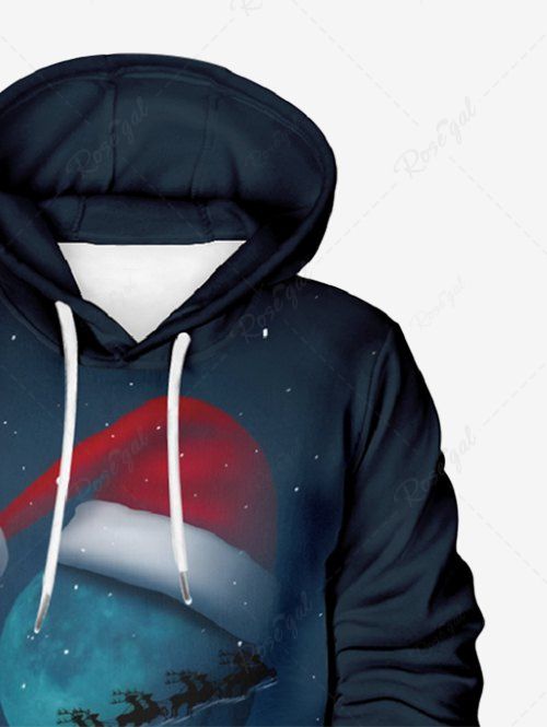 Plus Size Christmas Hat Galaxy Moon Elk Sled Printed Pocket Drawstring Hoodie For Men