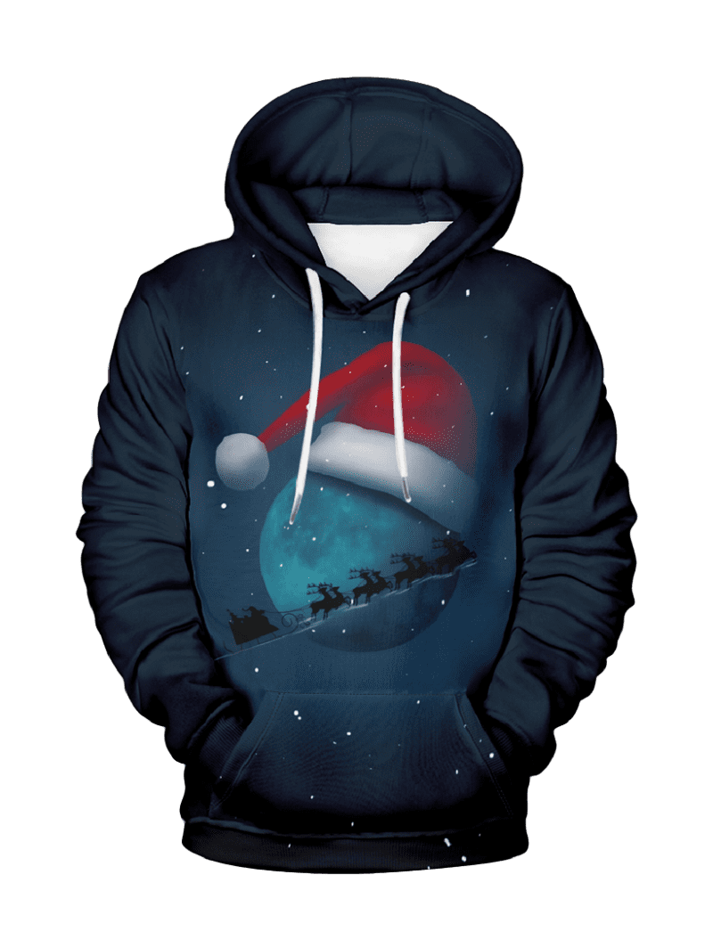 Plus Size Christmas Hat Galaxy Moon Elk Sled Printed Pocket Drawstring Hoodie For Men