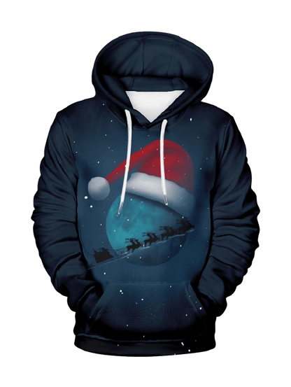 Plus Size Christmas Hat Galaxy Moon Elk Sled Printed Pocket Drawstring Hoodie For Men