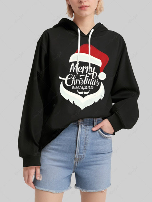 Plus Size Christmas Hat Letters Santa Claus Printed Pocket Drawstring Pullover Long Sleeves Hoodie