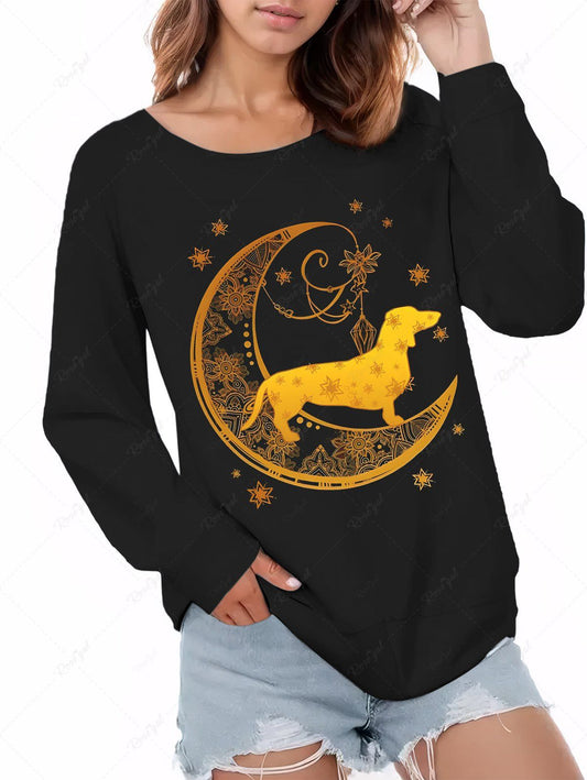 Moon Star Floral Dog Printed Pullover Long Sleeves T-shirt