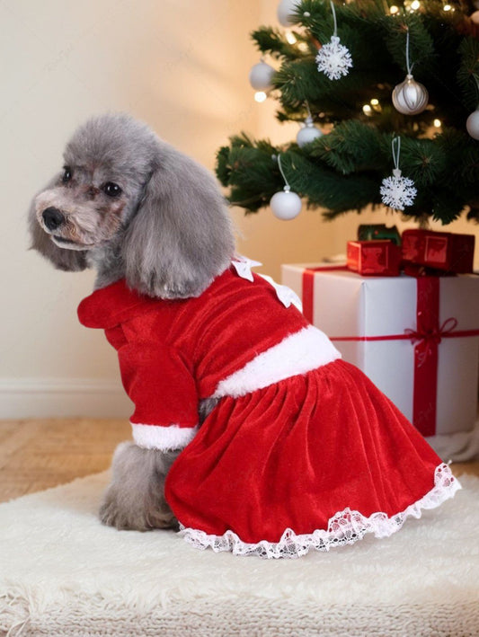 Pet's Christmas Bowknot Fleece Lace Trim Dress