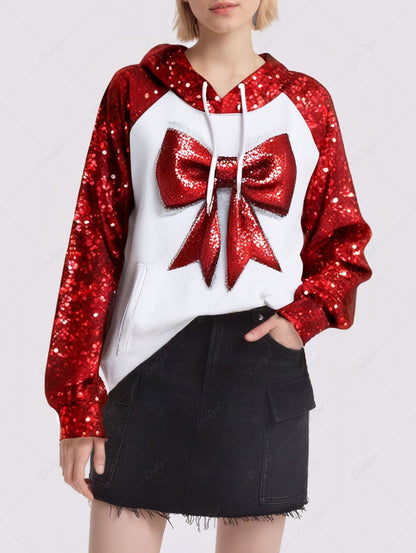 Plus Size Christmas Bowknot Sparkling Sequin 3D Printed Pocket Drawstring Hoodie