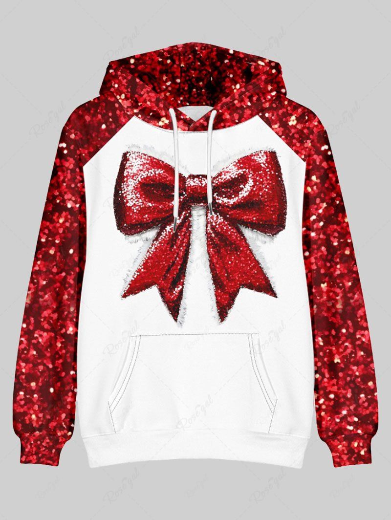 Plus Size Christmas Bowknot Sparkling Sequin 3D Printed Pocket Drawstring Hoodie