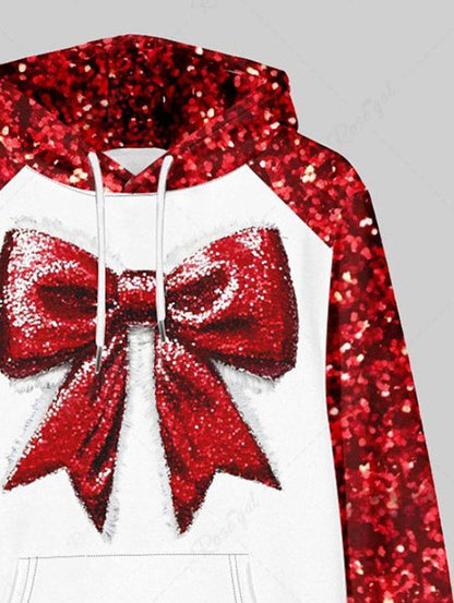 Plus Size Christmas Bowknot Sparkling Sequin 3D Printed Pocket Drawstring Hoodie