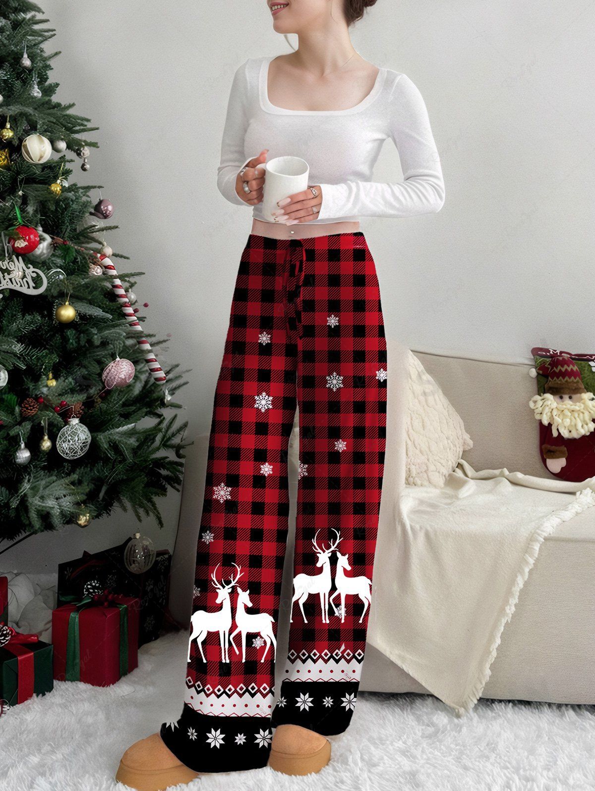 Plus Size Christmas Elk Snowflake Plaid Printed Drawstring Wide Leg Pants