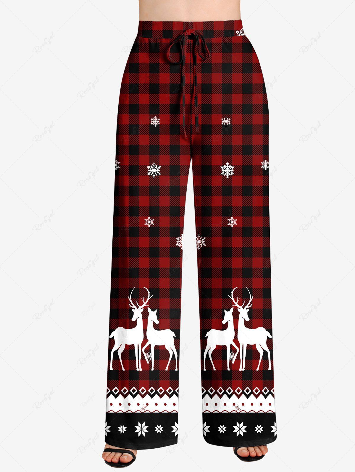 Plus Size Christmas Elk Snowflake Plaid Printed Drawstring Wide Leg Pants