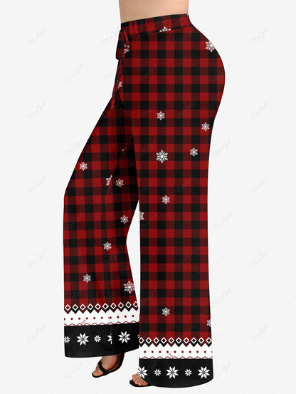 Plus Size Christmas Elk Snowflake Plaid Printed Drawstring Wide Leg Pants