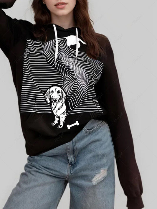 Plus Size Dog Striped Carpet Bone Printed Pocket Drawstring Pullover Long Sleeves Hoodie