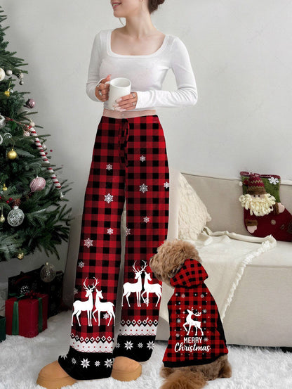 Christmas Elk Snowflake Plaid Printed Hoodie and Pants Dog and Owner Matching Outfits