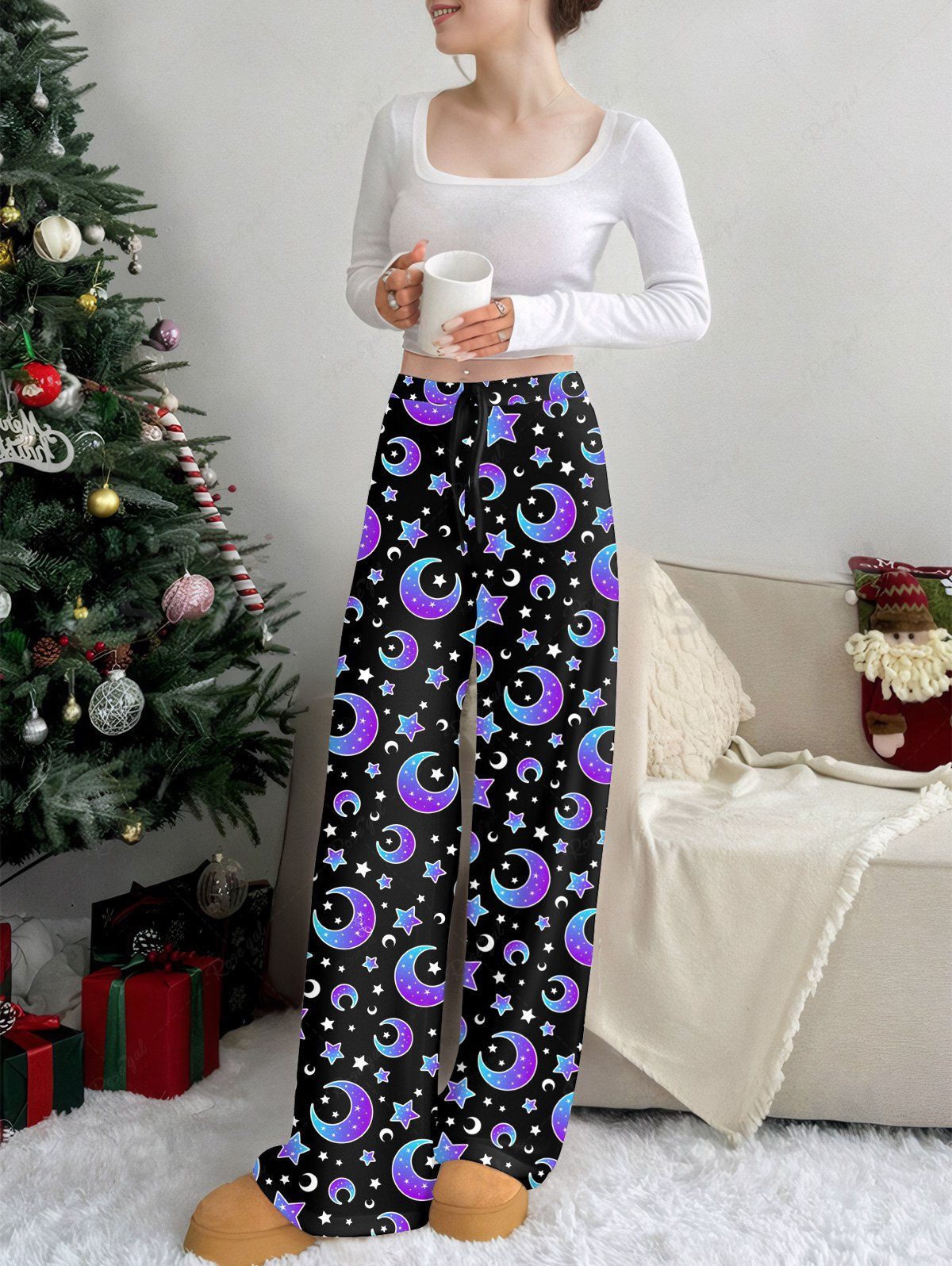 Plus Size Ombre Moon Stars Printed Drawstring Wide Leg Pants