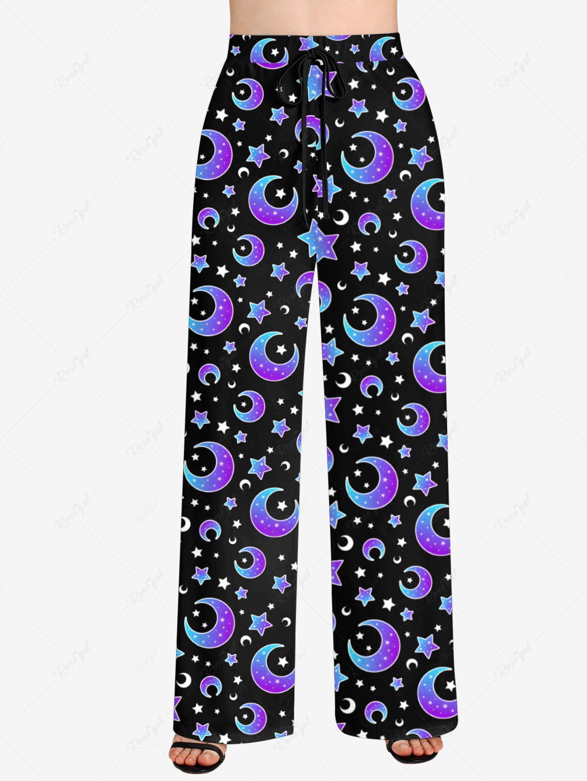 Plus Size Ombre Moon Stars Printed Drawstring Wide Leg Pants