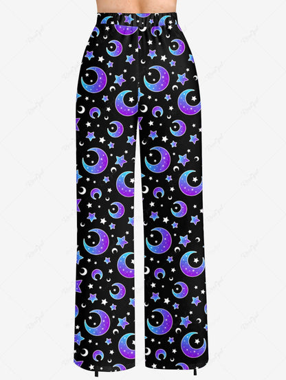 Plus Size Ombre Moon Stars Printed Drawstring Wide Leg Pants