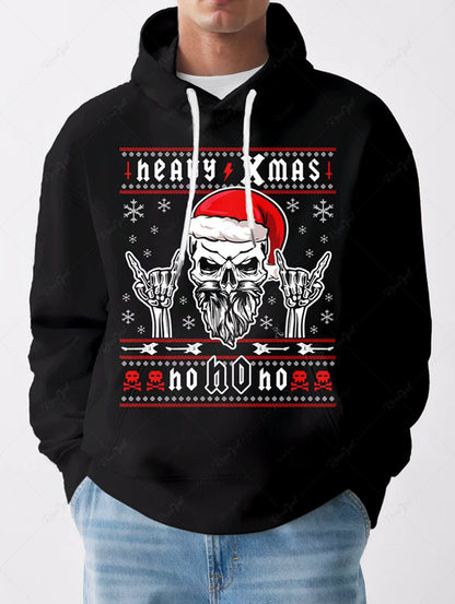 Plus Size Christmas Hat Snowflake Skull Santa Claus Letters Printed Pullover Long Sleeves Hoodie For Men