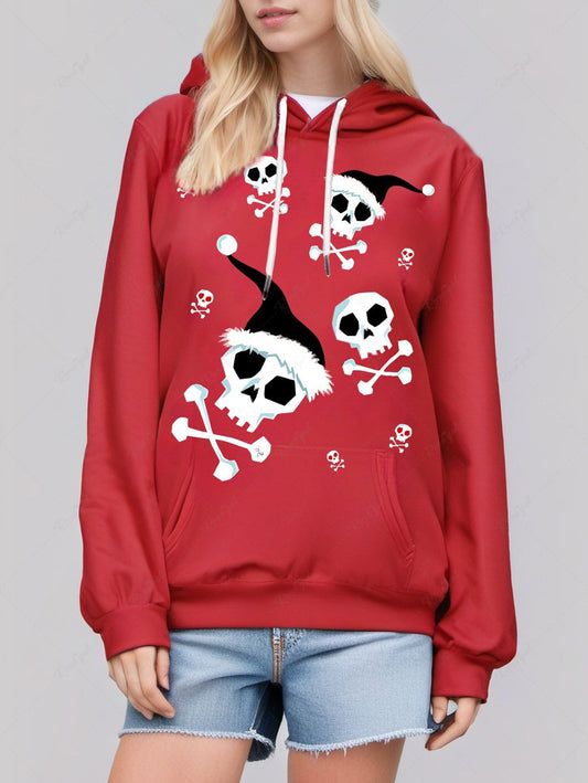 Plus Size Christmas Hat Skull Bone Printed Pocket Drawstring Pullover Long Sleeves Hoodie