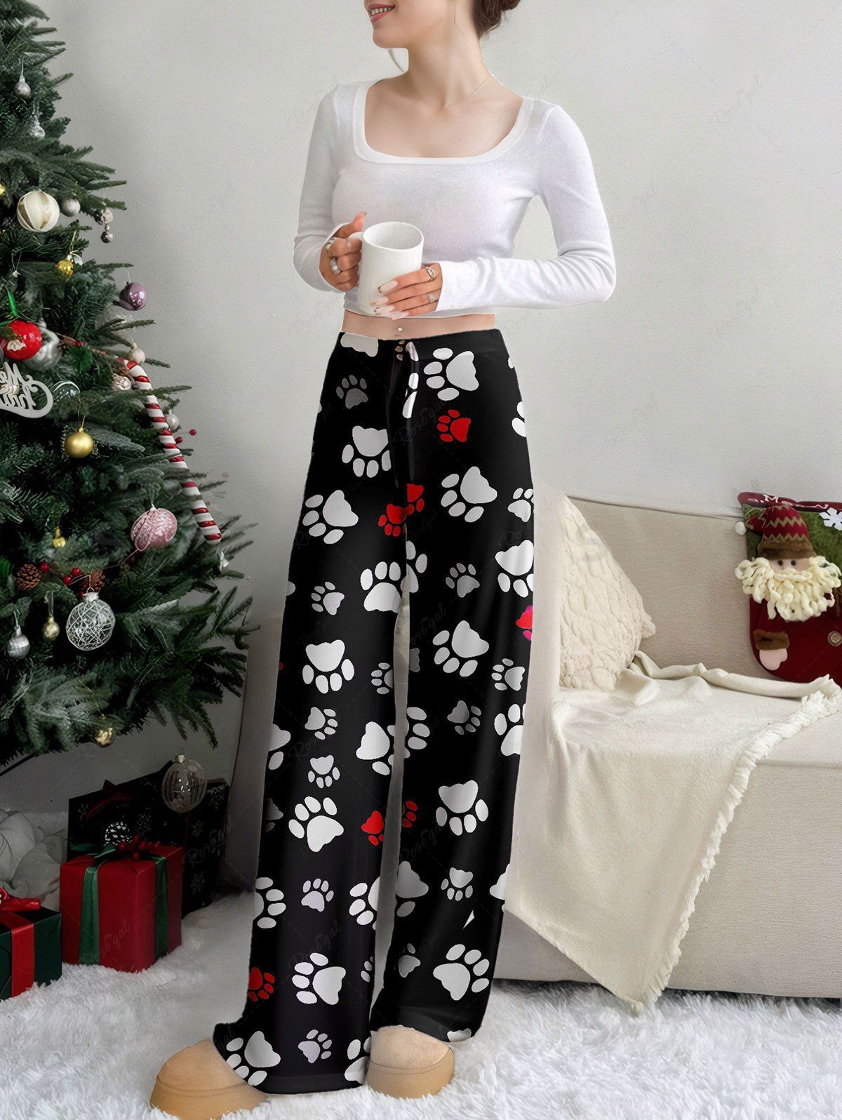 Plus Size Foot Printed Drawstring Wide Leg Pants