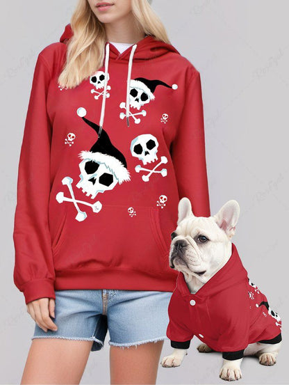 Christmas Hat Skull Bone Print Hoodie Dog And Owner Matching Outfits