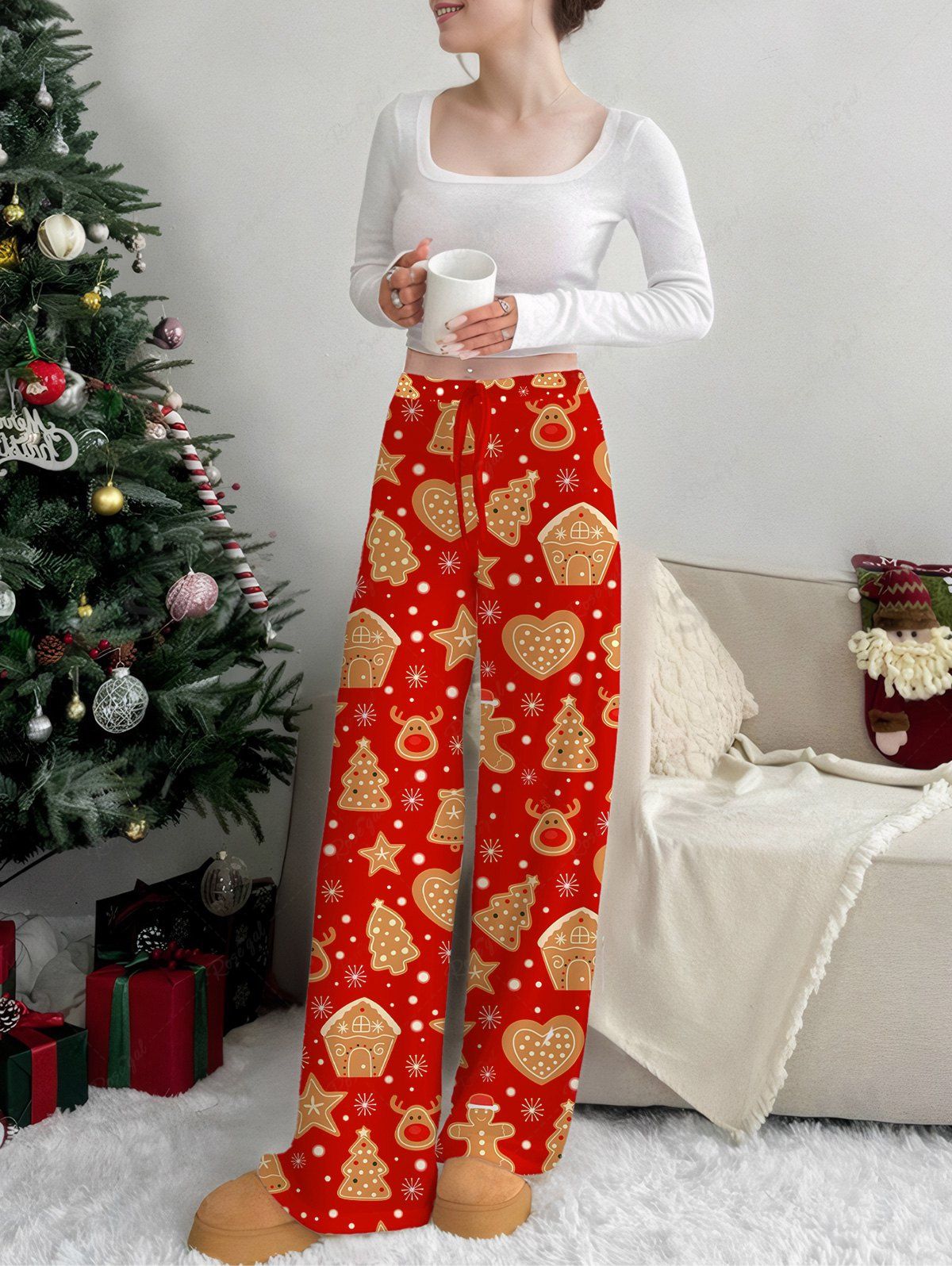 Plus Size Christmas Tree Elk Star Snowflake House Gingerbread Printed Drawstring Wide Leg Pants