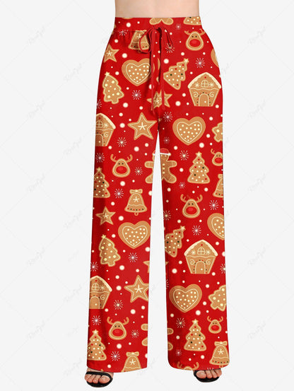 Plus Size Christmas Tree Elk Star Snowflake House Gingerbread Printed Drawstring Wide Leg Pants