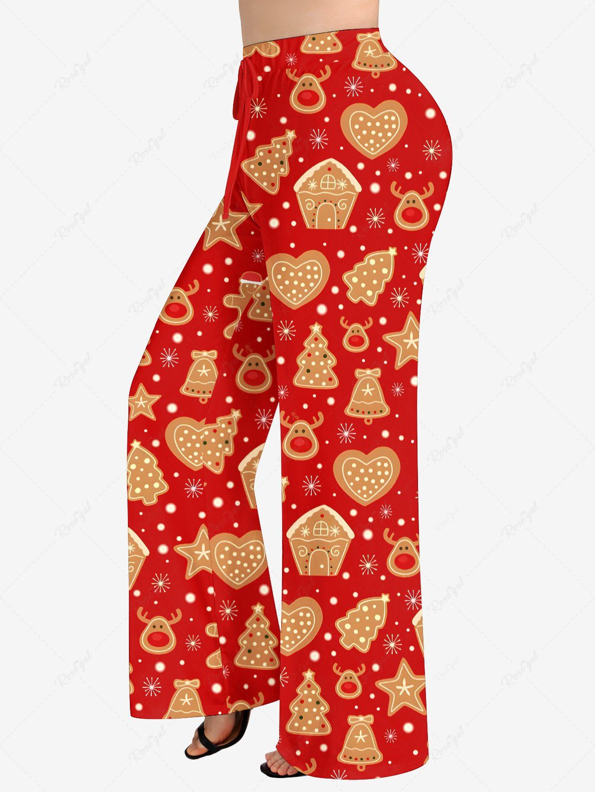 Plus Size Christmas Tree Elk Star Snowflake House Gingerbread Printed Drawstring Wide Leg Pants