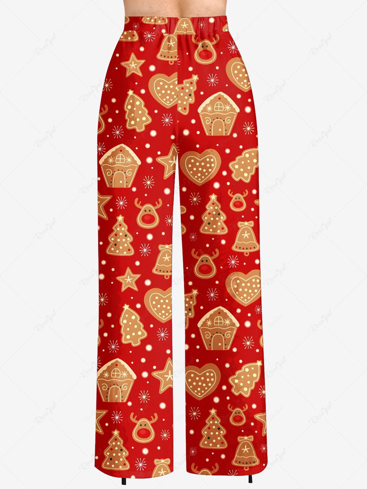 Plus Size Christmas Tree Elk Star Snowflake House Gingerbread Printed Drawstring Wide Leg Pants