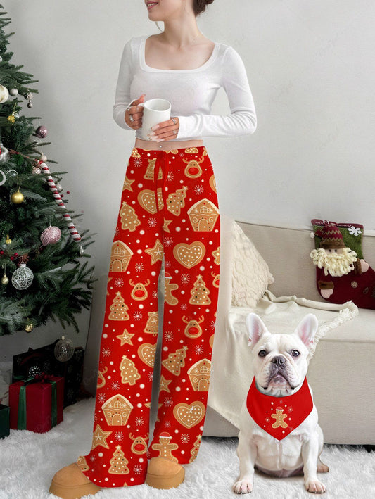 Christmas Gingerbread Snowflake Printed Bibs Bandana and Wide Leg Pants Dog and Owner Matching Outfits