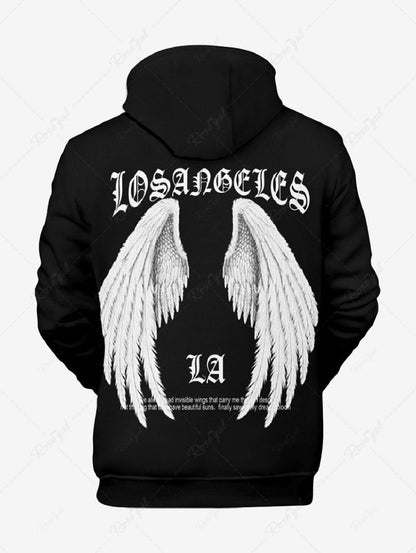 Plus Size Wings Letters Printed Pocket Drawstring Hoodie For Men