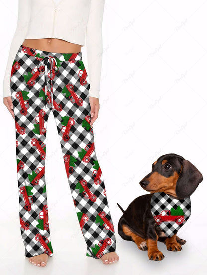 Christmas Tree Car Plaid Print Pants Bandana Bibs Dog And Owner Matching Outfits