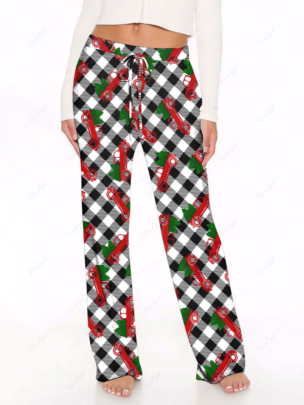 Plus Size Christmas Tree Car Plaid Printed Drawstring Wide Leg Pants