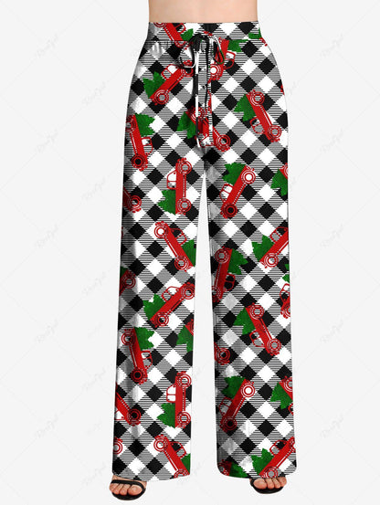 Plus Size Christmas Tree Car Plaid Printed Drawstring Wide Leg Pants