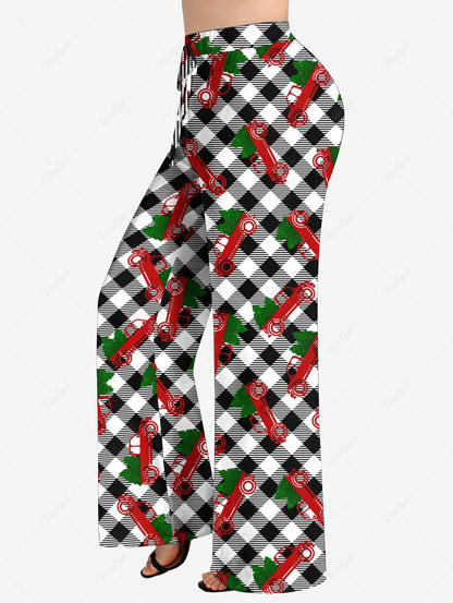 Plus Size Christmas Tree Car Plaid Printed Drawstring Wide Leg Pants