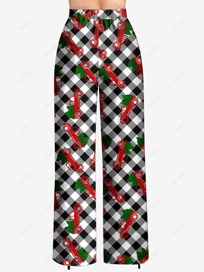 Plus Size Christmas Tree Car Plaid Printed Drawstring Wide Leg Pants